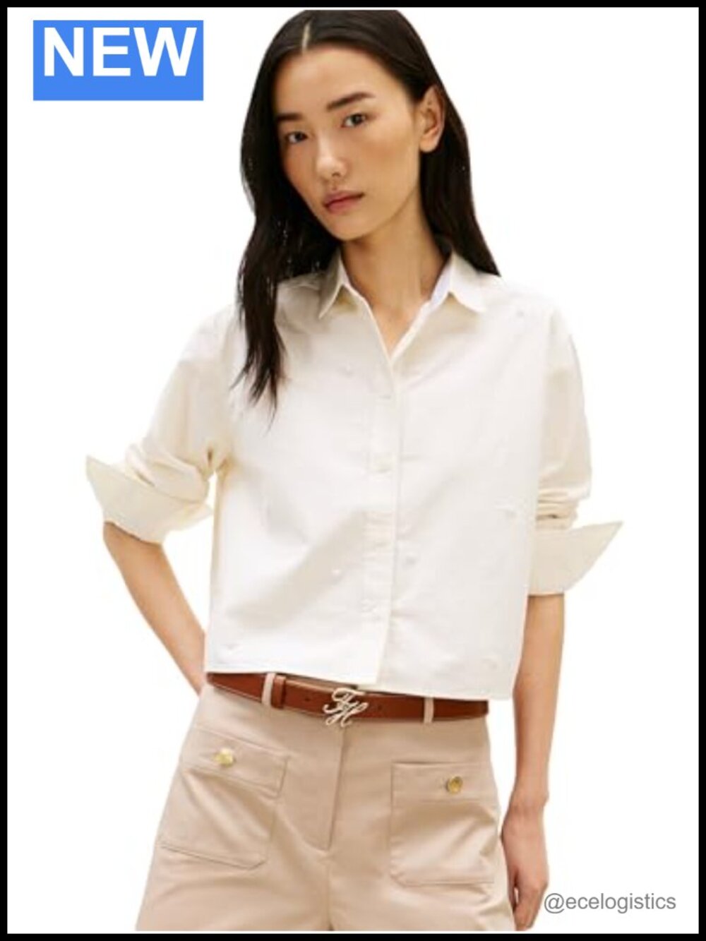 Women's Cropped Poplin Button Down Long Sleeve Shirt Pearl Embellishment